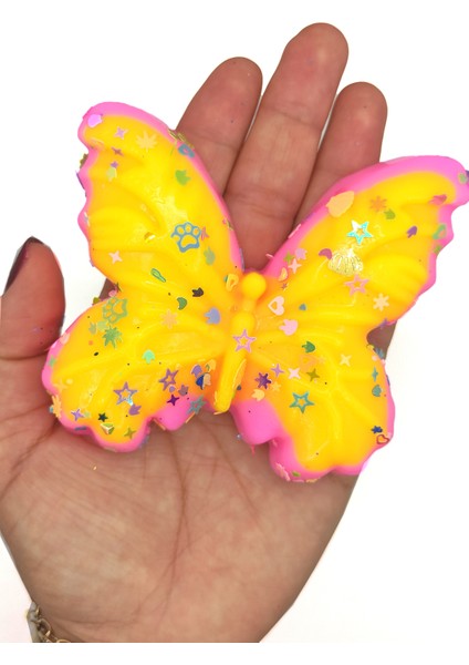 Kelebek Pullu Renkli Moj Moj Taba Squishy Sıkma 10X8 cm Pullu Sukuşi - Pembe/sarı