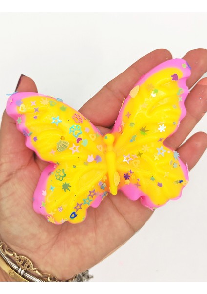 Kelebek Pullu Renkli Moj Moj Taba Squishy Sıkma 10X8 cm Pullu Sukuşi - Pembe/sarı