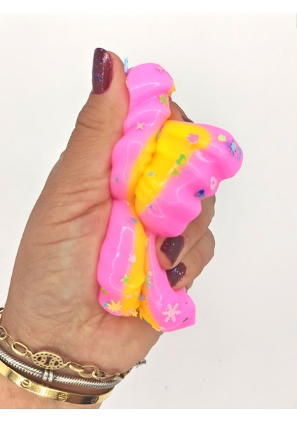 Kelebek Pullu Renkli Moj Moj Taba Squishy Sıkma 10X8 cm Pullu Sukuşi - Pembe/sarı