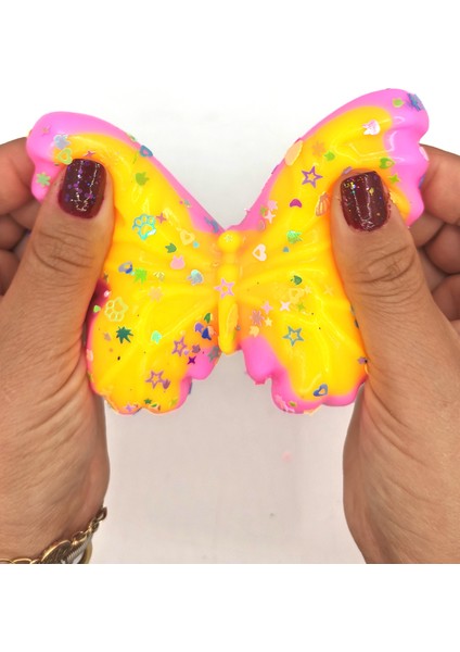 Kelebek Pullu Renkli Moj Moj Taba Squishy Sıkma 10X8 cm Pullu Sukuşi - Pembe/sarı
