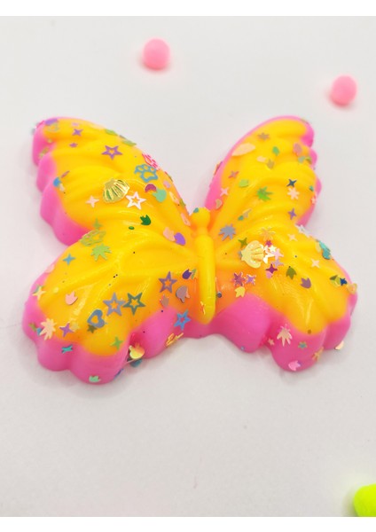 Kelebek Pullu Renkli Moj Moj Taba Squishy Sıkma 10X8 cm Pullu Sukuşi - Pembe/sarı