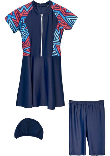 Uv Korumalı Etekli Taytlı Kısa Kol Kız Çocuk Mayo Mira 1511 LACIVERT02 Üçgen