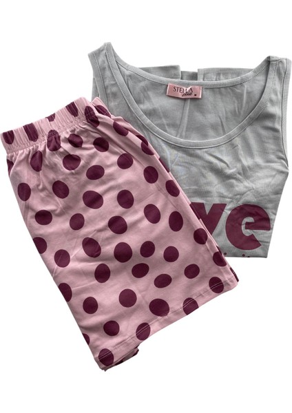 Kadın Puantiye Desenli Kalın Askılı Şortlu Pijama Takım - 5640 - Stlla Pnk