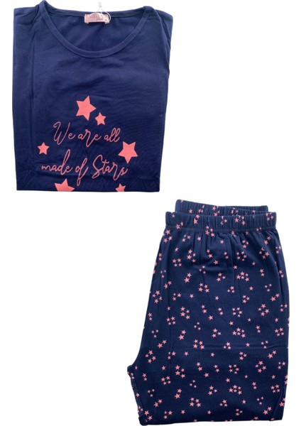Kadın Battal Yıldız Desenli Kısa Kollu Pijama Takım - 5513 - Stlla Pnk