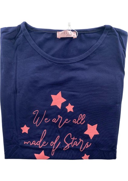 Kadın Battal Yıldız Desenli Kısa Kollu Pijama Takım - 5513 - Stlla Pnk modelleri
