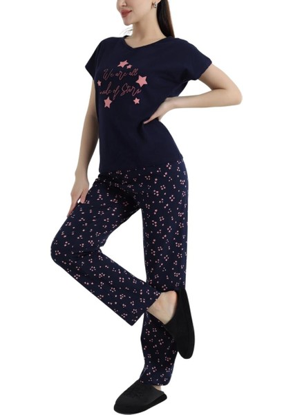 Kadın Yıldız Desenli Kısa Kollu Pijama Takım - 5505 - Stlla Pnk