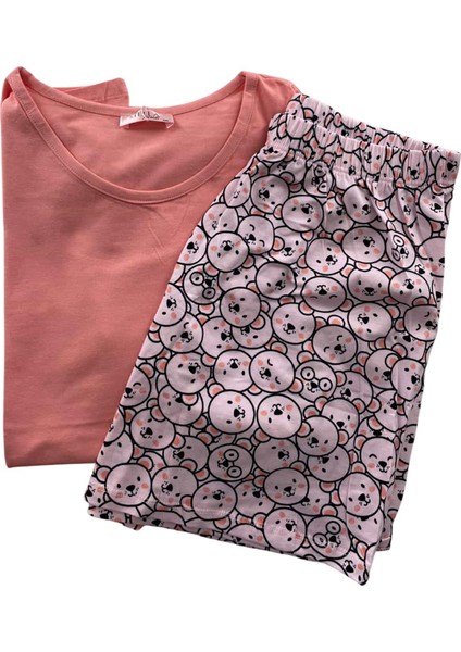 Kadın Battal Panda Desenli Kısa Kollu Şortlu Pijama Takım - 5493 - Stlla Pnk