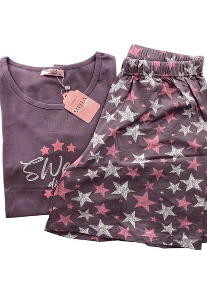 Kadın Battal Yıldız Desenli Kısa Kollu Şortlu Pijama Takım - 5510 - Stlla Pnk