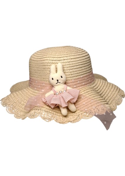 Spteks Kitti 2-6 Yaş Kız Çocuk Orta Bej Renk Tavşan ve Fiyonk Figürlü Hasır Yazlık Şapka