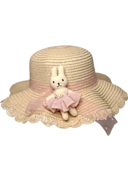 Spteks Kitti 2-6 Yaş Kız Çocuk Orta Bej Renk Tavşan ve Fiyonk Figürlü Hasır Yazlık Şapka modelleri