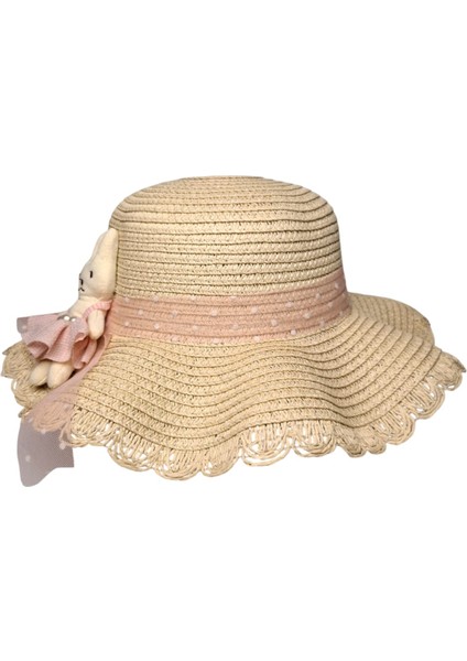 Spteks Kitti 2-6 Yaş Kız Çocuk Orta Bej Renk Tavşan ve Fiyonk Figürlü Hasır Yazlık Şapka fırsatları