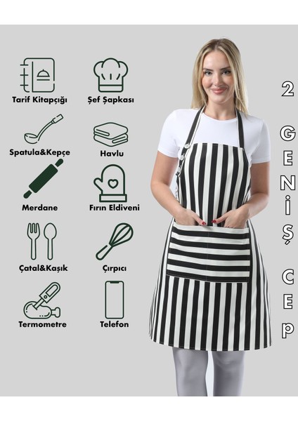 Su Geçirmez Mutfak Önlüğü, Şef ve Barista İçin, Çizgili Siyah Beyaz, 70x80 cm modelleri