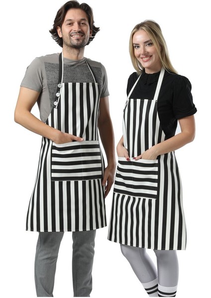 Su Geçirmez Mutfak Önlüğü, Şef ve Barista İçin, Çizgili Siyah Beyaz, 70x80 cm