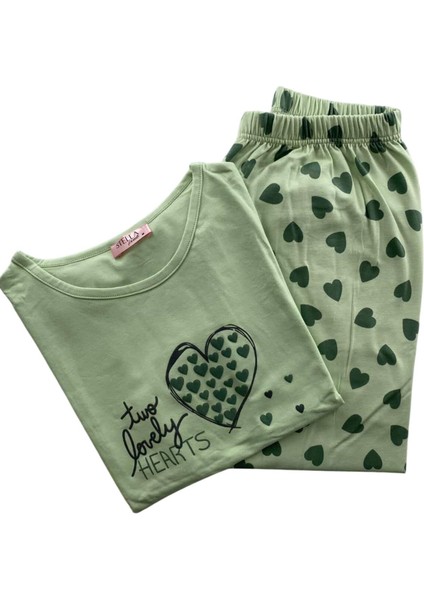 Kadın Kalp Desenli Kısa Kollu Pijama Takım - 5645 - Stlla Pnk