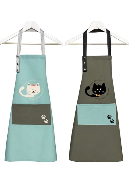 Yeşil 2'li mutfak önlüğü seti, su itici, leke tutmaz, kedili baskı, 60x75, pamuk polyester