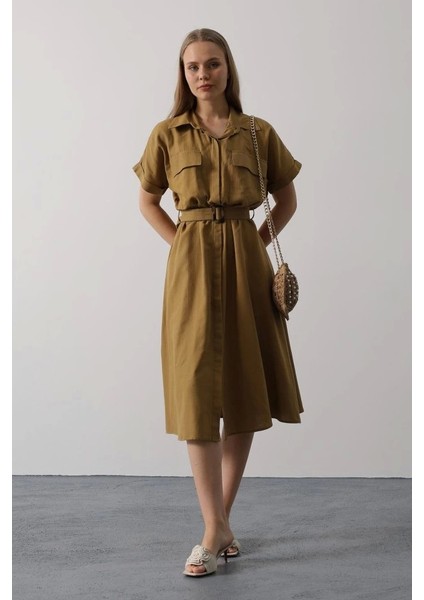 Kuşaklı Cep Detaylı Yarım Kol Elbise - Yağ Yeşili