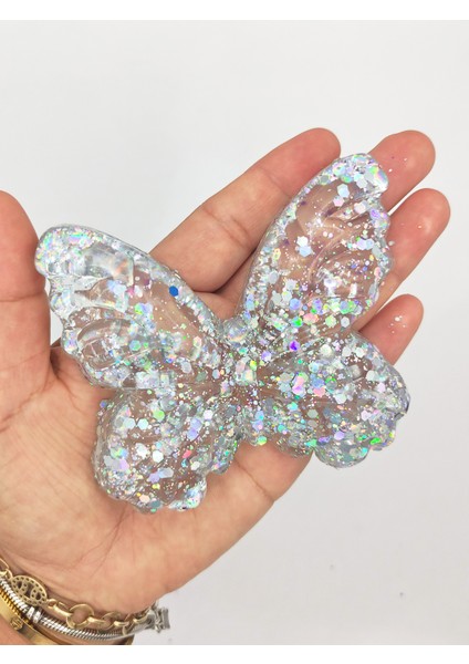 Kelebek Şeffaf Glitter Simli Moj Moj Taba Squishy Sıkma 10X8 cm Simli Sukuşi - Gri