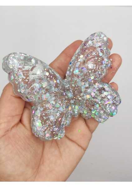 Kelebek Şeffaf Glitter Simli Moj Moj Taba Squishy Sıkma 10X8 cm Simli Sukuşi - Gri