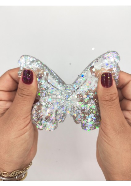 Kelebek Şeffaf Glitter Simli Moj Moj Taba Squishy Sıkma 10X8 cm Simli Sukuşi - Gri