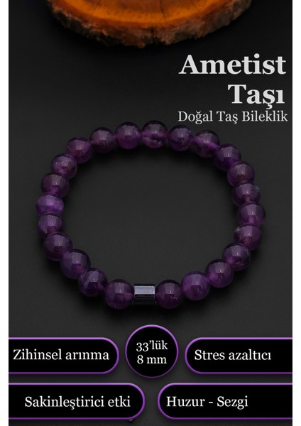 Ametist Bileklik Kadın Erkek Doğal Taş Bileklik 8 mm BT024