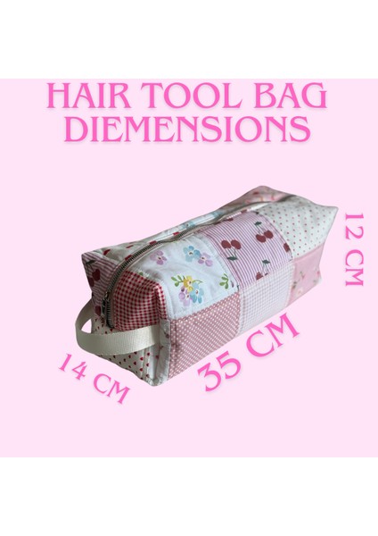 Pamuklu Pembe Patchwork Saç Şekillendirici Çantası | Kozmetik & Seyahat Organizer | 35X14X12 cm