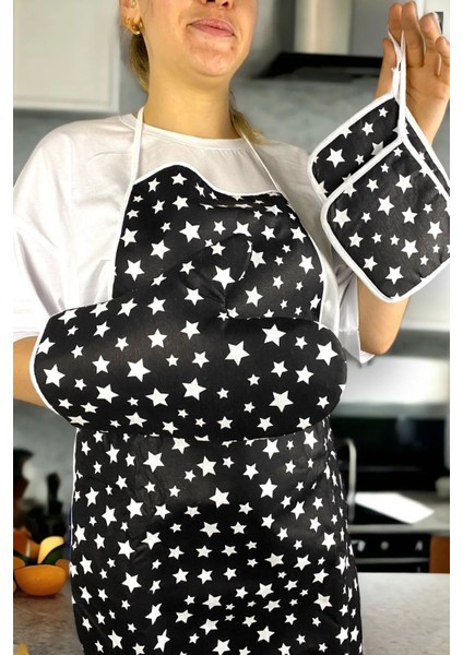 3 Parça Sıvı Geçirmez Mutfak Seti: Önlük, Eldiven ve Tutacak, Siyah, Pamuk Saten, 55x75