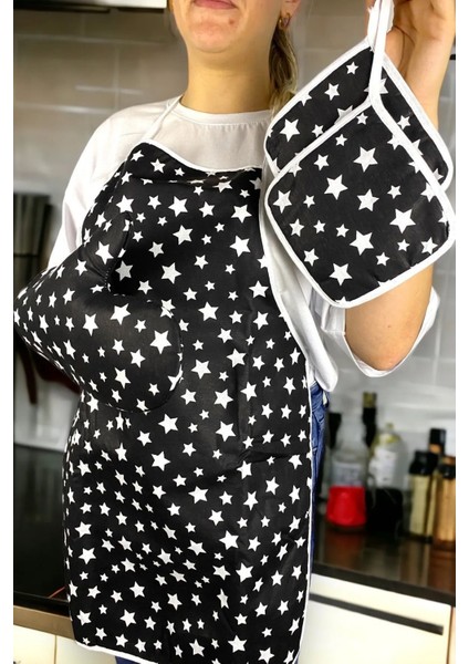 3 Parça Sıvı Geçirmez Mutfak Seti: Önlük, Eldiven ve Tutacak, Siyah, Pamuk Saten, 55x75 fiyatları