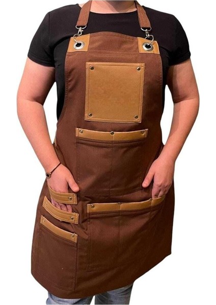 Deri Detaylı Mutfak Şef Önlüğü, Ayarlanabilir Askılı, Şık ve İşlevsel 55x75 Kahverengi