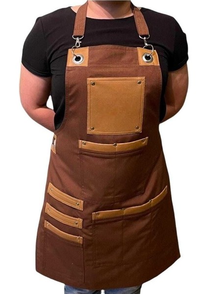 Deri Detaylı Mutfak Şef Önlüğü, Ayarlanabilir Askılı, Şık ve İşlevsel 55x75 Kahverengi modelleri