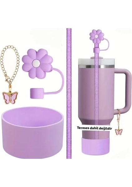 39 - 40 Oz Pipetli Termos Aksesuar Seti Silikon Taban Koruyucu, Pipet Kapağı, Charm