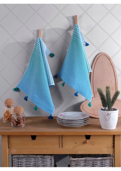 Yeşil 2'li Eva Ponponlu Mutfak Havlusu 40x60 cm, pamuklu, kurulama bezi seti