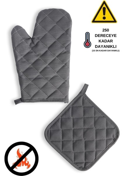 Pratik ve Güvenli Mutfak Eldiveni ve Tutacak, Pamuk Polyester, 17x27, Gri/Füme