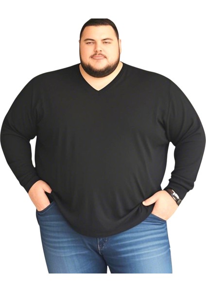 Erkek Büyük Beden Oversize Uzun Kollu V Yaka T-Shirt 3xl 4xl 5xl 6xl 7xl 8xl