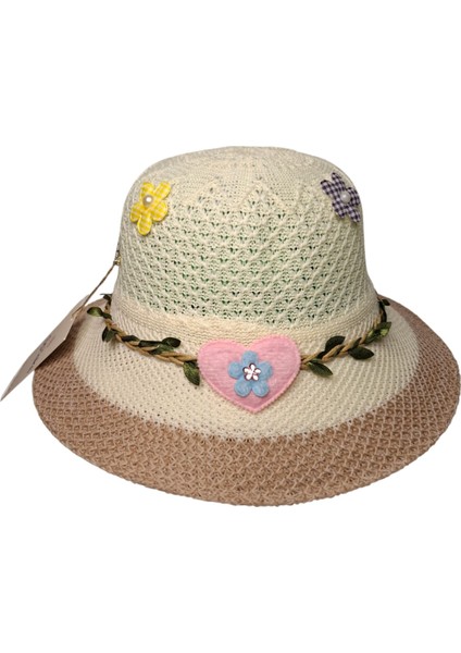 9-15 Yaş Kız Garson Krem Renk Kalp Figürlü Merserize Yazlık Şapka modelleri