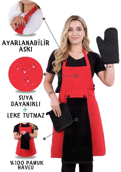 Renkli 4'lü mutfak önlüğü seti, askılı, havluluk ve eldiven tutacaklı, 50x70 cm