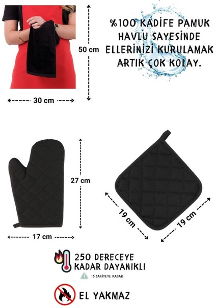 Renkli 4'lü mutfak önlüğü seti, askılı, havluluk ve eldiven tutacaklı, 50x70 cm