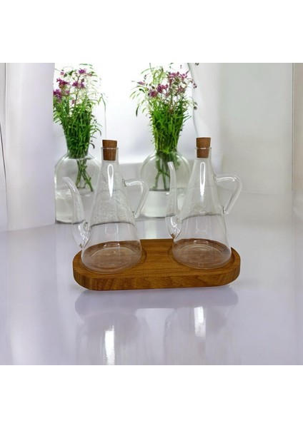2'li Akasya Tıpalı El Yapımı Ahşap Standlı Borosilikat Cam Yağdanlık Yağlık Sirkelik Sosluk 500ML modelleri
