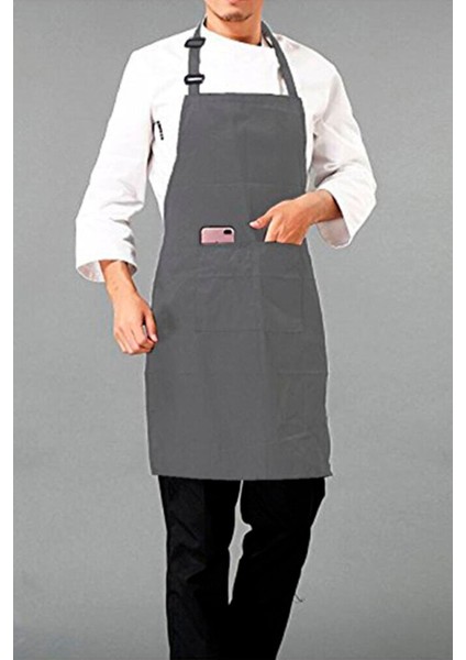 Su geçirmez askılı mutfak önlüğü, nano cepli, rahat ve şık tasarım, 75x60 cm, gri