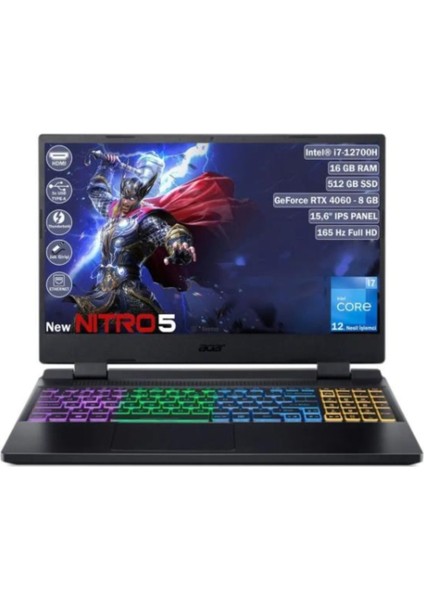 Nitro5 Intel Core I7-12700H 16GB 512GB SSD RTX4060 8gb 15.6" Fhd 165Hz Dos Siyah Gaming Laptop
