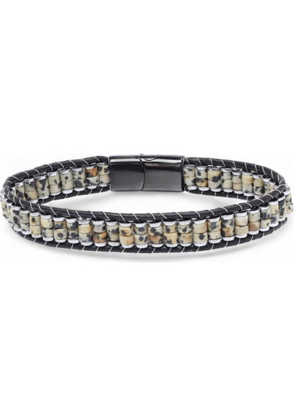 Dalmaçya Jasper & Hematit Çelik Örgülü Deri Bileklik
