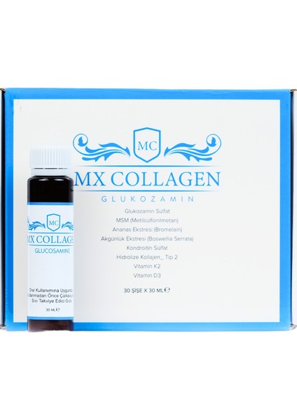 Collagen Glukozamin Tip 2 Hidrolize Kolajen Vitamin K2 ve Vitamin D3 İçeren Eklemler İçin Destek Takviyesi 30 ml x 30 Şişe