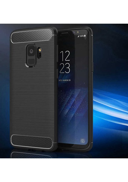 Samsung Galaxy S9 ile Uyumlu Kamera Korumalı Darbe Önleyici Carbon Brushed Silikon Kılıf