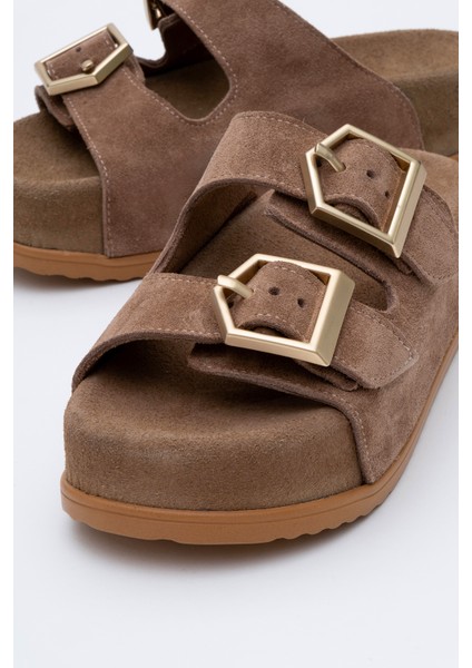 Kadın Kalın Taban Kemerli Terlik Gerçek Süet Deri Zy 8145 Vizon modelleri