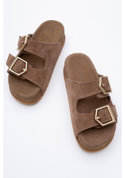 Kadın Kalın Taban Kemerli Terlik Gerçek Süet Deri Zy 8145 Vizon indirimleri