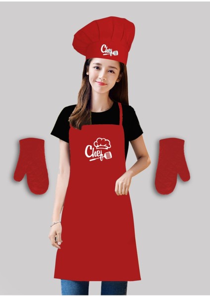 Kırmızı Mutfak Önlük Seti, Chef Şapka ve Eldivenler, Şık ve Koruyucu, 85x55 cm