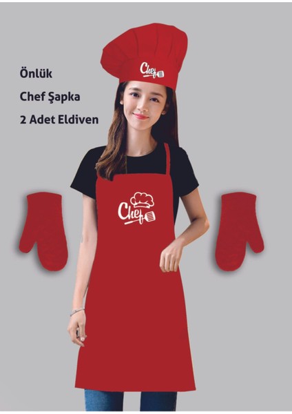Kırmızı Mutfak Önlük Seti, Chef Şapka ve Eldivenler, Şık ve Koruyucu, 85x55 cm fiyatları