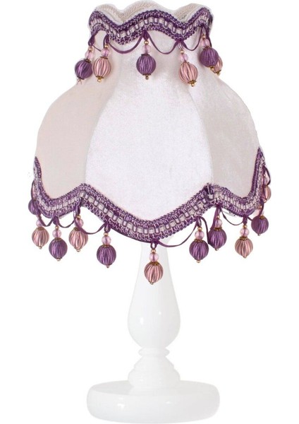 Ekru Kadife Kaplı Beyaz Ahşap Ayak Vintage Mor Ponpon Abajur AB0733