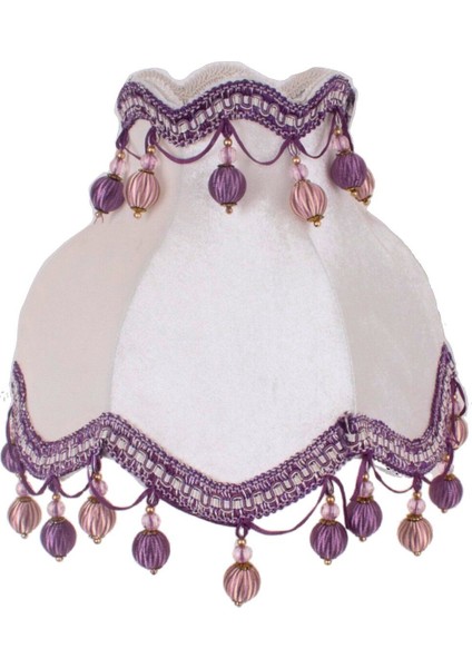 Ekru Kadife Kaplı Beyaz Ahşap Ayak Vintage Mor Ponpon Abajur AB0733 fiyatları