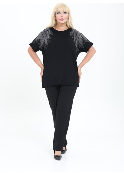 Bambu Bluz Yarasa Kol Taş Detaylı M-6XL