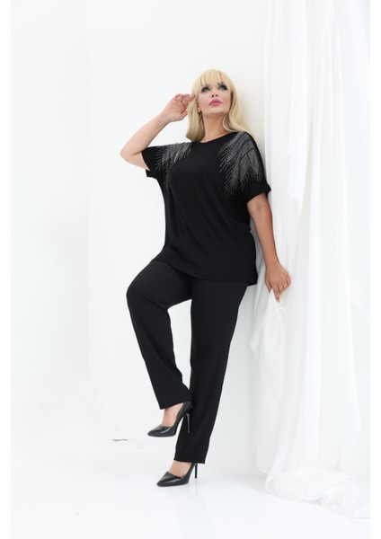 Bambu Bluz Yarasa Kol Taş Detaylı M-6XL